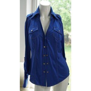 Women's Royal Blue Button Down Blouse Top Small Stretch Shoulder Tabs EUC